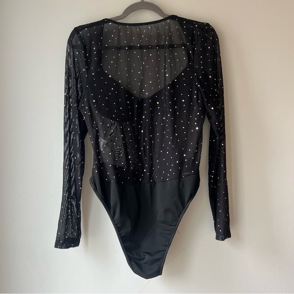 Shein Curve Black Rhinestone Mesh Long Sleeve Bodysuit Plus Size 1XL Holiday - Picture 10 of 12